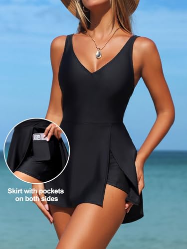 Smismivo Swim Dress Tummy Control One Piece Swimsuit Women Full Coverage Bathing Suit V Neck Slimming Swimwear 20253