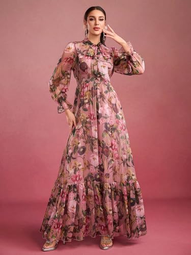 Image of TOLEEN Summer Casual Dresses for Women 2024 Spring Fashion Boho V Neck Long Sleeve Ruffle Floral Print Elegant Maxi Dress