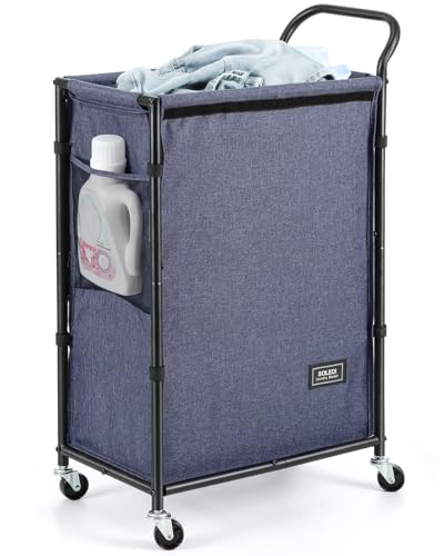 Image of SOLEDI Slim Laundry Hamper with Wheels,23.8 Gallons (87L) Laundry Basket with Lid,Sturdy Metal Frame with Handle,Laundry Cart,Rolling Laundry Basket for Bedroom Aesthetic,Easy to Assemble,Dark Blue