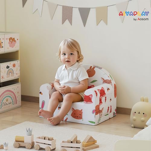 Miniatura 2 de Aiyaplay Sillón Infantil Con Estampado De Zorros, Sofá Para Niños De 18-36 Meses Con Funda Extraíble Y Lavable, Bolsillo Lateral, Reposabrazos, Carga 45 Kg, Blanco