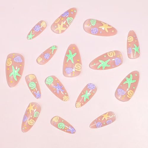 Image of Ocean Starfish Press on Nails Short Square Acrylic Fake Nails with Sea Shell Design Nude Full Cover Glue on nails Colorful False Nails Glossy Artificial Stick on Nails for Women Summer Manicure 24Pcs