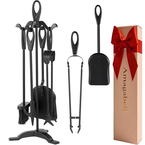 Amagabeli Garden Home Utensilios Chimenea 5 Piezas accesorios estufa leña Set clásico para chimenea Kit de Chimenea Atizador Escoba Pala y Soporte Negro