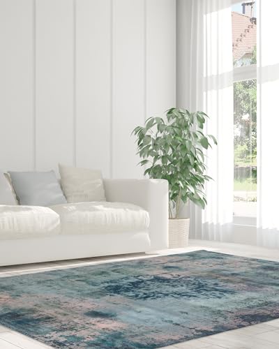 Qiyano Hikina Vintage Teppich Türkis 140 x 200 cm, Kurzflor Teppich Wohnzimmer & Schlafzimmer mit...