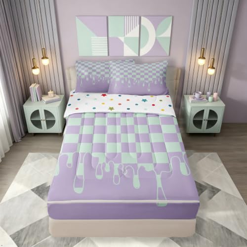 Image of Purple Mint Checkered Full Zipper Comforter Set,Checkerboard Drip 4 Piece Complete Bedding Set Bed in a Bag with Fitted Sheet & Pillowcases,Grunge Aesthetic Modern Geometric for Kids Boys Teen Girls