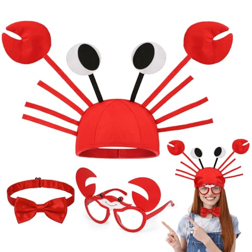 3PCS Accessoires de Costume Crabe pour Enfants Adultes, Chapeau Crabe Drôles Lunettes Crabe Noeud Papillon Rouge, Lunette Drole Lunettes Deguisement Animaux...