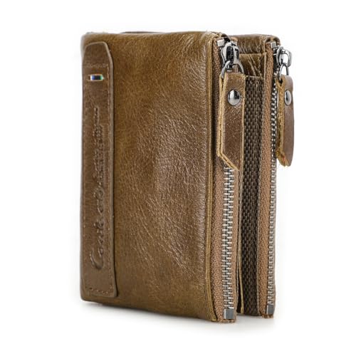 Leather RFID Blocking Bifold Wallets for men, Men's Genuine Leather Card Holder Purse Zipper Coin Pocket Double Zipper Bifold Wallet