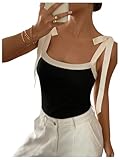 Verdusa Women's Coquette Bow Tie Shoulder Tank Tops Backless Fitted Crop Tops Black Beige Medium