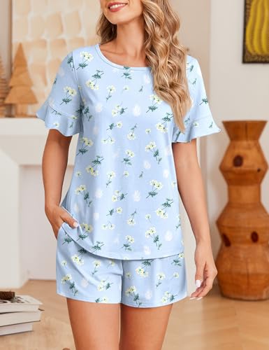 Image of Ekouaer Womens 100% Cotton Pajamas Set Ruffle Sleeves Top and Short Soft Sleepwear 2 Piece Lounge Set with Pockets
