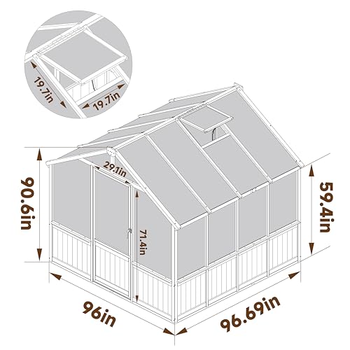 Image of MUPATER 8 x 8FT Wooden Polycarbonate Greenhouse with 6mm Polycarbonate Panels for UV Protection, Ventilated Window & Lockable Door, Walk-in Greenhouse for Outdoors, Patio, Backyard, Black