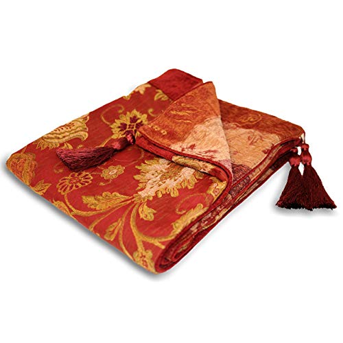 Riva Paoletti Zurich Throw - Borgoña Red - Decorativo Floral Jacquard Design - Borlas - Peso Pesado - 100% Polyester - 150 X 180 Cm (59 X 71 Pulgadas) - Diseñado En El Reino Unido