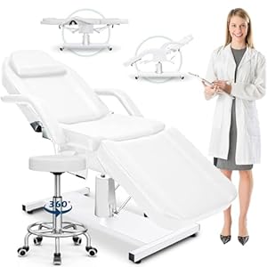 Tattoo Chair for Client w/Stool, 360 Swivel Facial Beds for Esthetician, Lash Chair Hydraulic Massage Table Aesthetic Bed for Spa Beauty Microblading, Wax – White
