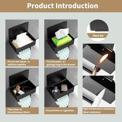 Toilettenpapierhalter Ohne Bohren,Klopapierhalter Ohne Bohren mit Feuchttücherbox,Edelstahl Klopapierhalter,Selbstklebend Klopapierhalter mit Ablage?Schwarz?