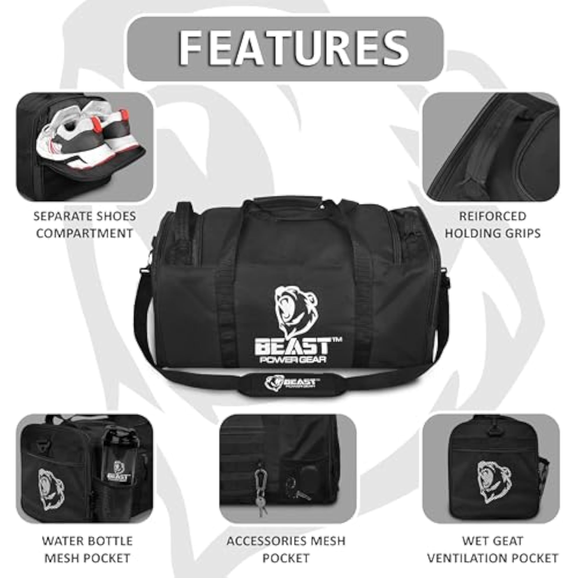 Gym Duffle Bag with Shoe Compartment, Black