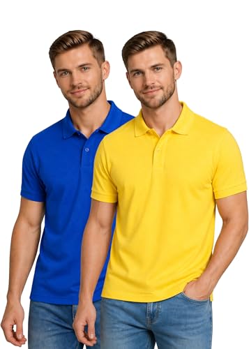 Image of INKKR Men's Combo Polo Neck Polycotton Solid T-Shirt (Pack of 2) Royal-Yellow