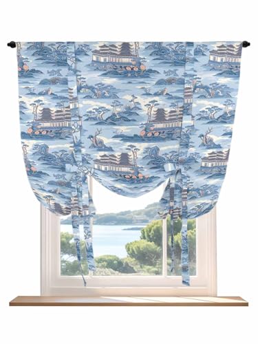 Tie Up Curtains for Windows Blue Garden Roman Shade 52 x 63 Inch Bathroom Curtains Window Modern Art Building Rock Landscape Rod Pocket Short Balloon Curtains for Living Room Kitchen Small Blinds