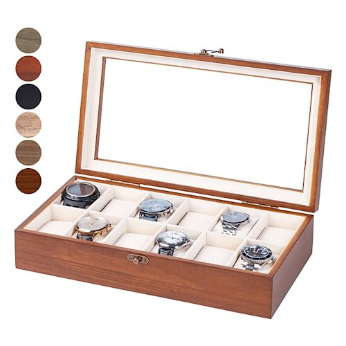 Exper City Watch Box, Watch Case For Men Women With Large Glass Lid, Wooden Watch Display Storage Box With 12 - Slots, Walnut Mens Watch Box Organizer #TOP4