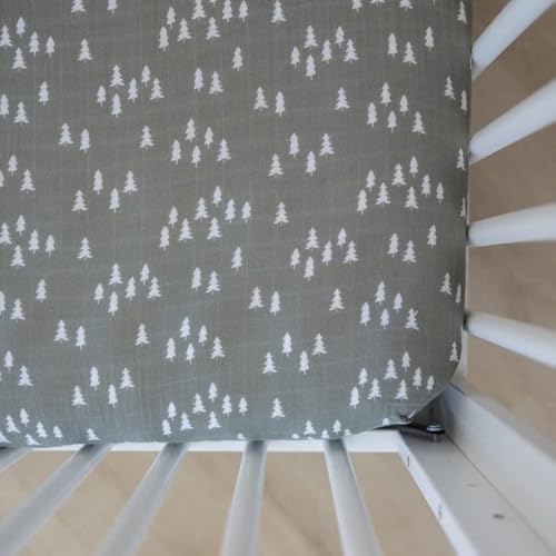 Image of Pines Muslin Crib Sheet by Mebie Baby, Soft and Breathable Bed Sheets for Babies, Modern Neutral Bedding for Cribs, Standard Crib Mattress Fitted Sheet, Great for Boy or Girl Room or Nursery