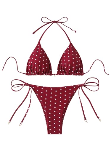 SOLY HUX Women's Polka Dots Print Bathing Suit Halter Triangle Tie Side Bikini Sets Two Piece Swimsuit Burgundy Polka Dots Medium
