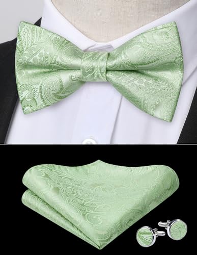 Image of HISDERN Bow Ties for Men Pre-Tied Bow Tie Floral Paisley Handkerchief Classic Formal Bowtie and Pocket Square Cufflinks Set