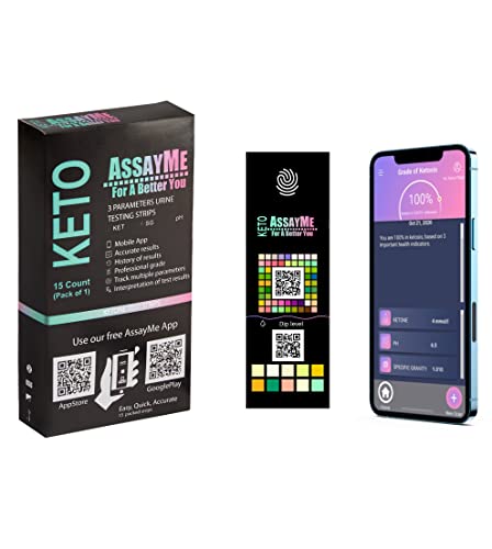 AssayMe Keto, 15 Keto Test Strips, Ketone Strips for Tracking Ketosis Ketogenic & Low-Carb Diets with Free App, Ketone Test Strips in Individual Packaging, Test for Ketone, SG, pH, Urinalysis at Home