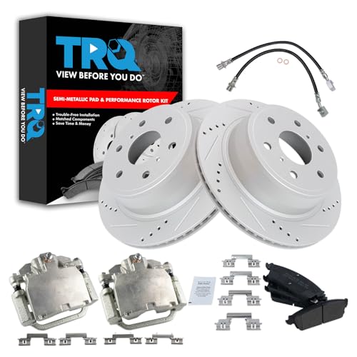 Image of TRQ Performance Rear Brake Pad and Rotor Set Semi Metallic Drilled Slotted Coated Rotors Calipers Compatible with 2007-2013 Chevrolet Silverado 1500 Sierra 1500