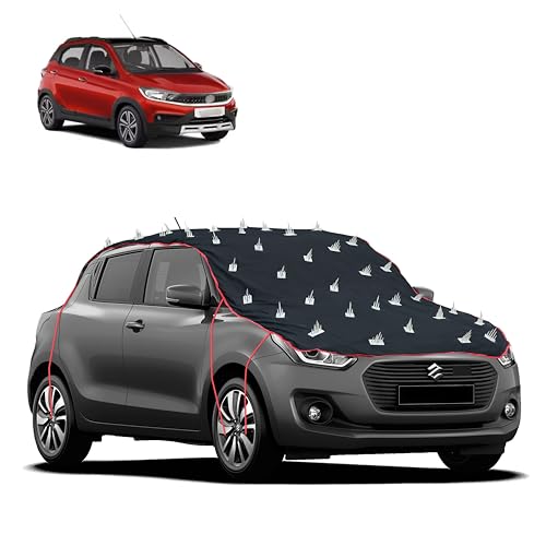 Image of Dog Protection Spike Car Cover for Tata Tiago NRG Bonnet to Roof Easy Installation with 4 Elastic Hook Strap | Anti-Scratch Soft Cotton Inner | Complete Protection from Street Dogs & Monkeys