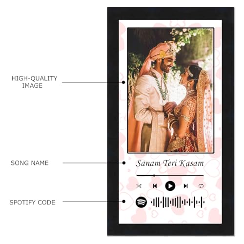 Image of Personalized Gift Musical Wall Photo Frame - Customized Spotify Song with Scanable Barcode for Wedding and Couple Gifts - Size (6x12) Inch, Heart | 1 Piece Rectangle, wood