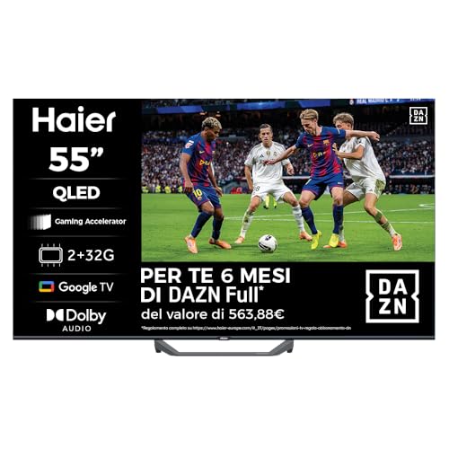 Haier Smart TV 55" QLED 4K Ultra HD S81 Series, Google TV, Dolby Audio, Gaming 120Hz DLG, HDMI 2.1, Chromecast Integrato, Bluetooth 5.1, Design Senza Bordi, Telecomando Vocale, 6 mesi DAZN inclusi