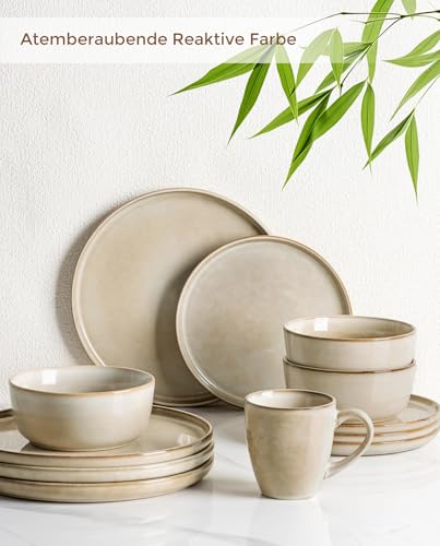 GBhome Geschirrset 6 Personen, 18-tlg Reaktive Glasur Handarbeit Steingut Geschirr Set, Mikrowellen- & Spülmaschinenfest Schüssel- und Teller Set, Khaki