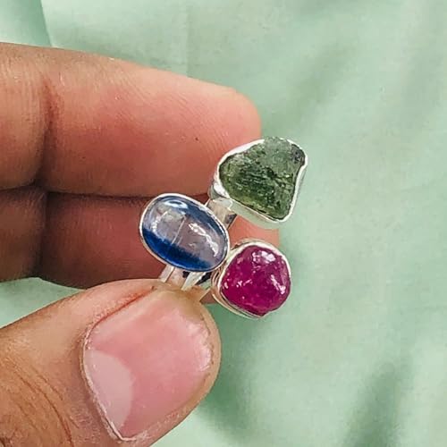 Natural Moldavite, Ruby & Kyanite Ring, 925 Sterling Silver Plated Three Gemstone Ring, Handmade Women's Anniversary Ring3