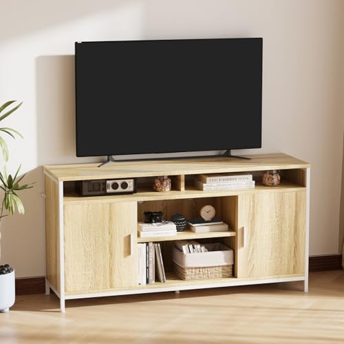 ELUCHANG Mueble de TV, Mesa de TV para Salón, con Estantes Ajustables, para Televisores de hasta 65 Pulgadas, Estilo Moderno, 140 x 40 x 71 cm, Roble Claro