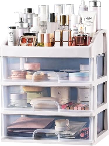 Makeup Organizer With 3 Drawers for Vanity Skincare Cosmetics Eyeshadow Brushes Lipstick Powders Nail Polish - Great for Dresser Bedroom Bathroom (White)