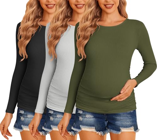 Image of Ekouaer Maternity Shirts 3 Packs Women Long Sleeve Pregnancy Tee Tops Tunic Blouse Ribbed Side Ruched Mama Clothes S-XXL