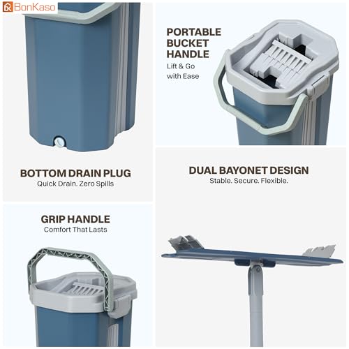 Image of BonKaso Telescopic Flat Mop & Bucket Set with Hands-Free Squeeze System, Microfiber Floor Cleaning Mop for Wet & Dry Cleaning | Includes 2 Reusable Pads for Home, Kitchen, Bathroom & Office | Blue