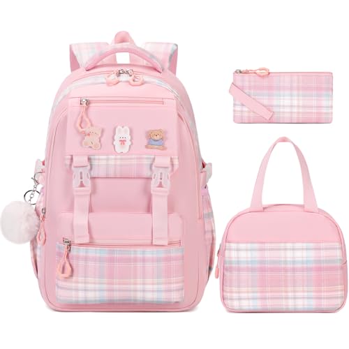 3PCS School Backpack for Girls, Girls Backpack with Lunch Box, Pencil Case, Cute Kawaii Plaid Book Bag for Teen Girl Kindergarten Elementary Preschool Middle High School, Pink