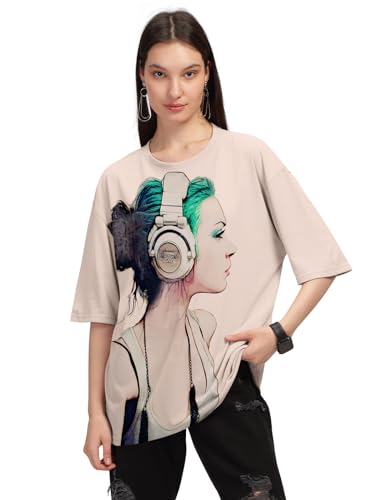 Image of HELLCAT Beige Trendy Printed Oversized T-Shirt for Women