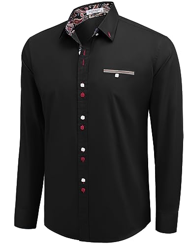 COOFANDY Langarmhemd langärmeliges Stretch Hemden Stretch Dress Hemd Umlegekragenhemden Herren Hemd Langarm Schwarz M