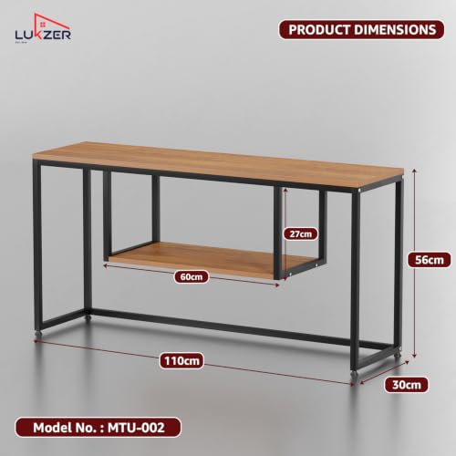 Image of Lukzer TV Unit Stand for TVs up to 43 Inch Engineered Wood with Metal (MTU-002 /Black & Oak Brown) Open Shelf Storage Console for Living Room, Set Top Box, WiFi Router, Speakers (110 x 56 x 30 cm)
