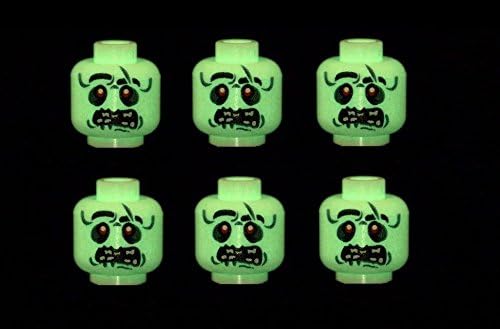 6 x Glow in the Dark Zombie Heads Halloween -Custom Designed for Minifigures - Printed on LEGO Parts