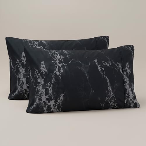 Image of Elegant Comfort Luxury Ultra-Soft 2-Piece Pillowcase Set - 1500 Premium Hotel Quality Microfiber Double Brushed - Wrinkle Resistant, Standard /Queen, Marble Pattern Black