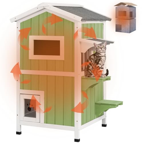 PetsCosset Insulated Cat House Outdoor Weatherproof All-Round Insulation Two Story Outside Wooden Feral Cat Shelter for Winter with 2 Escape Doors, Pu