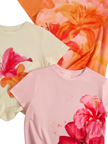 Image of RoseSeek Girl's Shirts 3 Packs Star Butterfly Graphic Tees Crew Neck Short Sleeve T Shirt Casual Tops