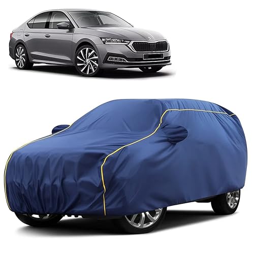 Image of Sulfar 100% Water Resistant Car Body Cover Compatible with Mirror for Skoda Octavia (Triple Stitched, Full Bottom Elastic, Blue Taffeta with Yellow Piping)