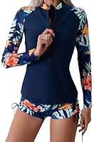 Langärmeliger floraler Rash Guard Badeanzug 2 Stück für Frauen UPF 50+ Badeoberteile mit Shorts Surfen Badebekleidung