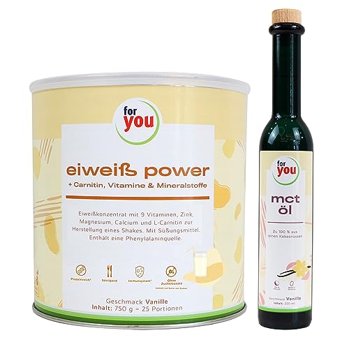 for you Power Eiweiß Vanille nach Dr. Strunz + MCT-Öl Vanille im Set - 1x 750g Fitness Eiweisspulver mit Carnitin Whey-Protein Sojaprotein Milchprotein - 1x 250ml MCT Öl vegan auf Basis 100% Kokosöl