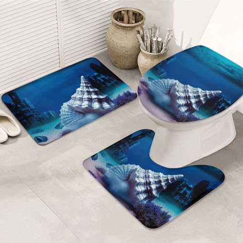 Dwrepo Underwater World Shell Print Bathroom Rug Set 3 Piece with Non-Slip U-Shaped Contour Mat and Toilet Lid Cover for Bathroom Decoration