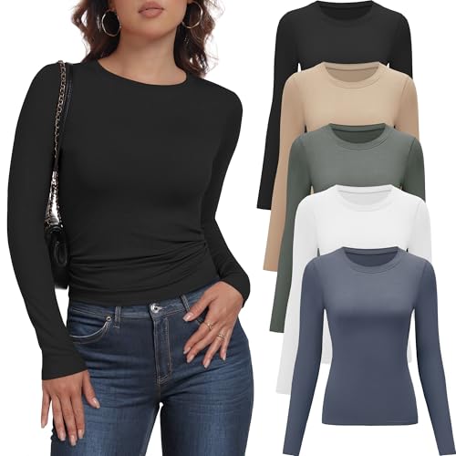 YOIOWVY Paquete de 5 Camisetas de Manga Larga para Mujer Ajustadas elásticas con Cuello Redondo Camisetas Transpirables para Mujer Ropa Interior de Trabajo