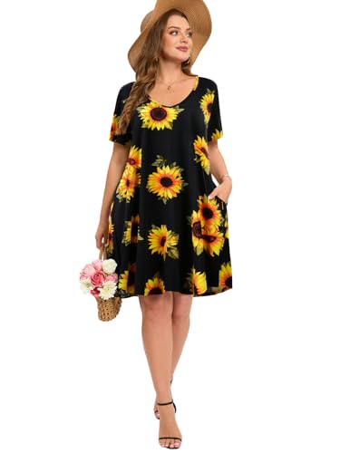 Image of ZENNILO Women's Plus Size Swing Dress with Pockets Casual Summer Dresses V Neck Short Sleeve T Shirt Dress for Women
