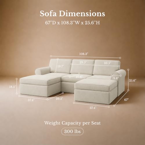 Image of Maywish 108 inch U Shaped Modular Sectional Sofa with Ottoman, Beige | Patented Smart Coil Support, Pet Friendly, Removable Washable Covers, Modular Design, No Assembly Required