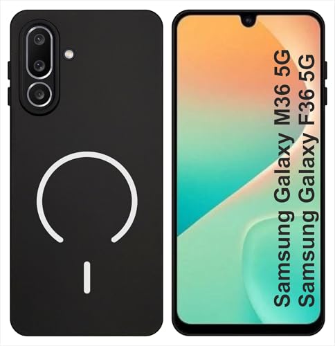 Image of SBMS Silicone Back Cover Case for Samsung Galaxy M36 5G / F36 5G | Soft Micro-Fibre Lining Inside | Magsafe Print On Back Side Camera Protection Bump | Shockproof Case Galaxy M36 5G (Black)